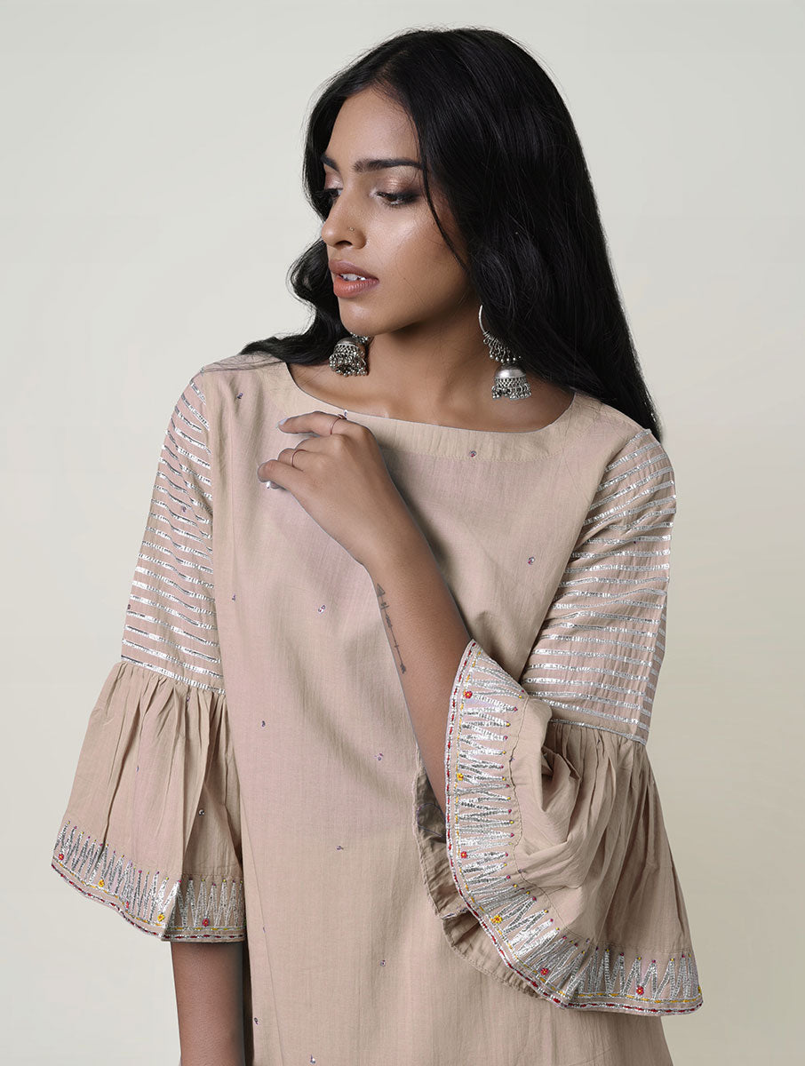 Women  Gota Hand Embroidered Beige Cotton Kurta for festive Occasions