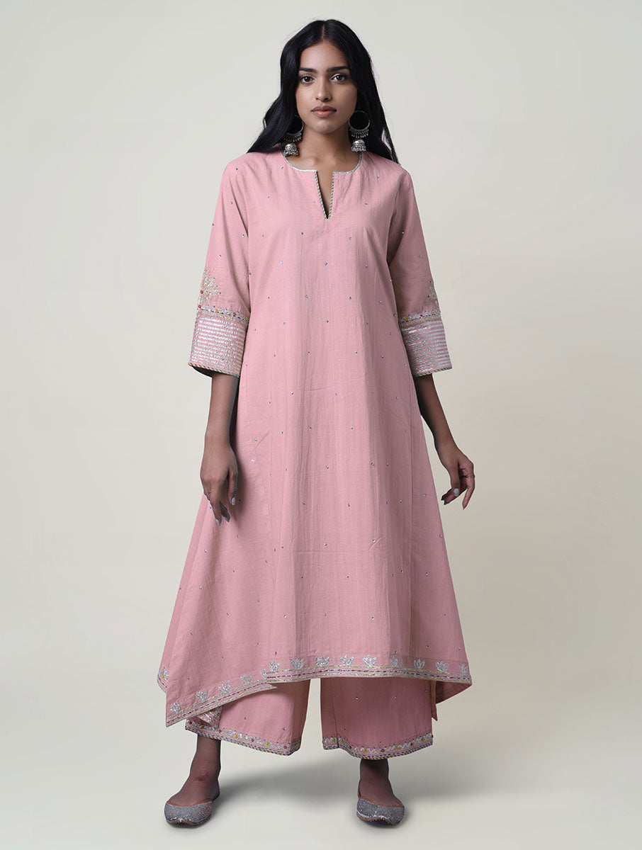 Women  Gota Hand Embroidered A line Cotton Kurta for festive Occasions