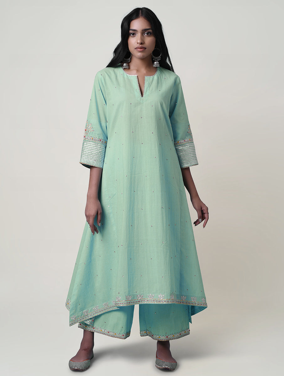 Women  Gota Hand Embroidered A line Cotton Kurta for festive Occasions