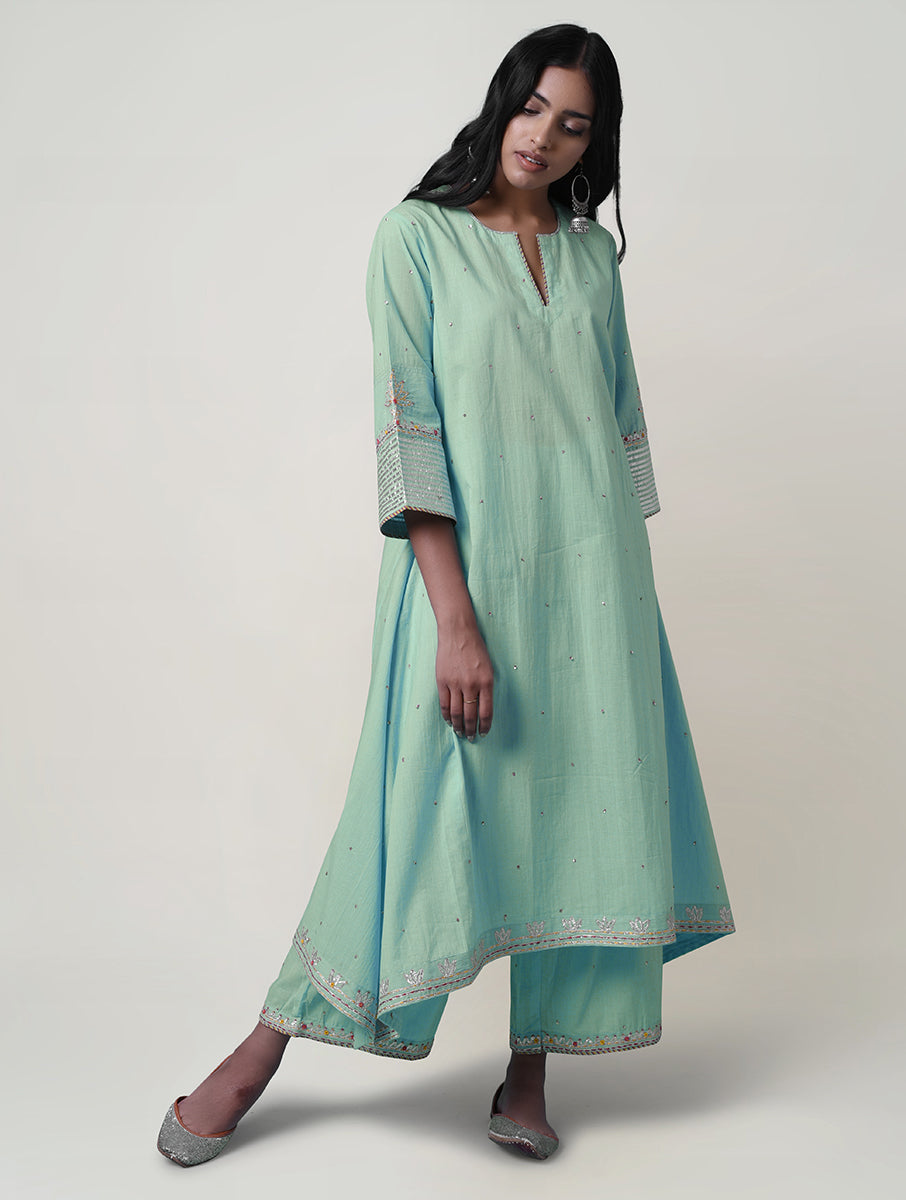 Women  Gota Hand Embroidered A line Cotton Kurta for festive Occasions