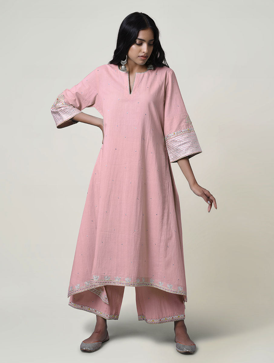 Women  Gota Hand Embroidered A line Cotton Kurta for festive Occasions