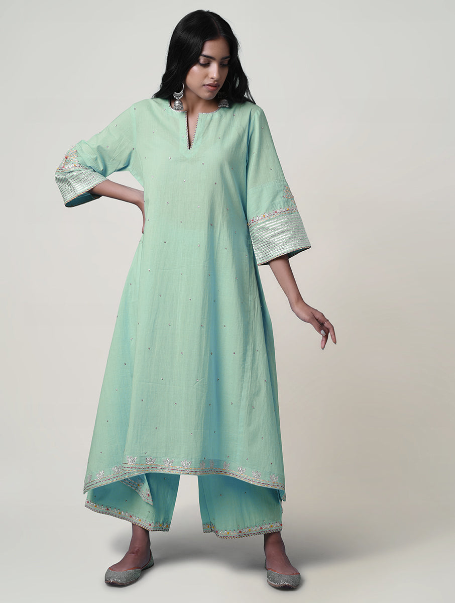 Women  Gota Hand Embroidered A line Cotton Kurta for festive Occasions