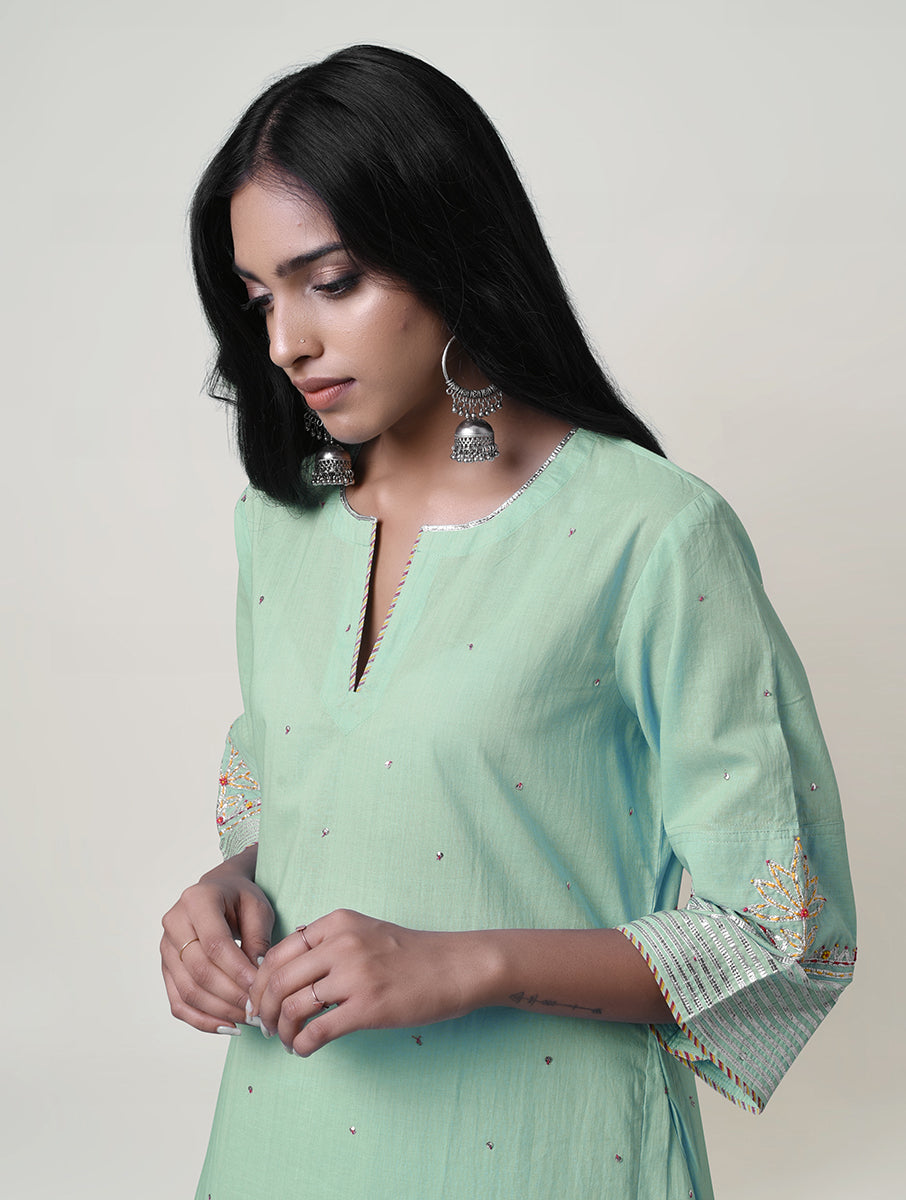 Women  Gota Hand Embroidered A line Cotton Kurta for festive Occasions