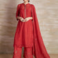 Chanderi Cotton Silk red color hand embroidered Collar kurta pajama & dupatta set