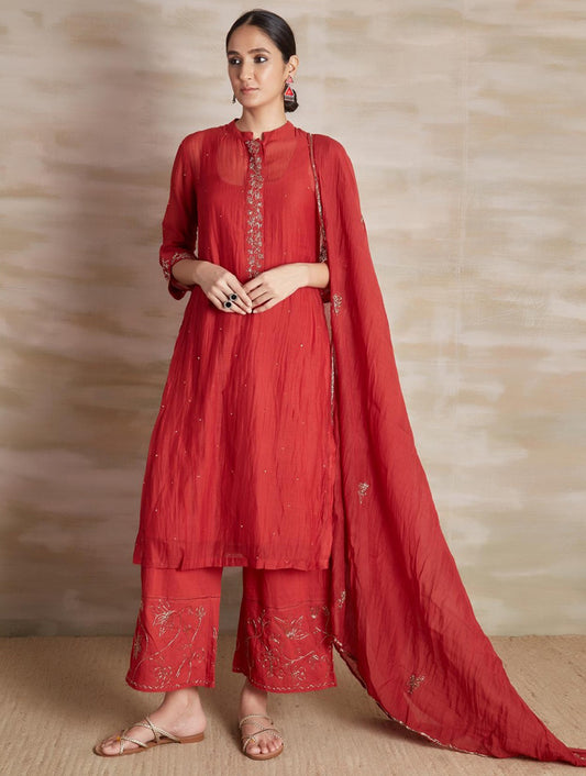 Chanderi Cotton Silk red color hand embroidered Collar kurta pajama & dupatta set