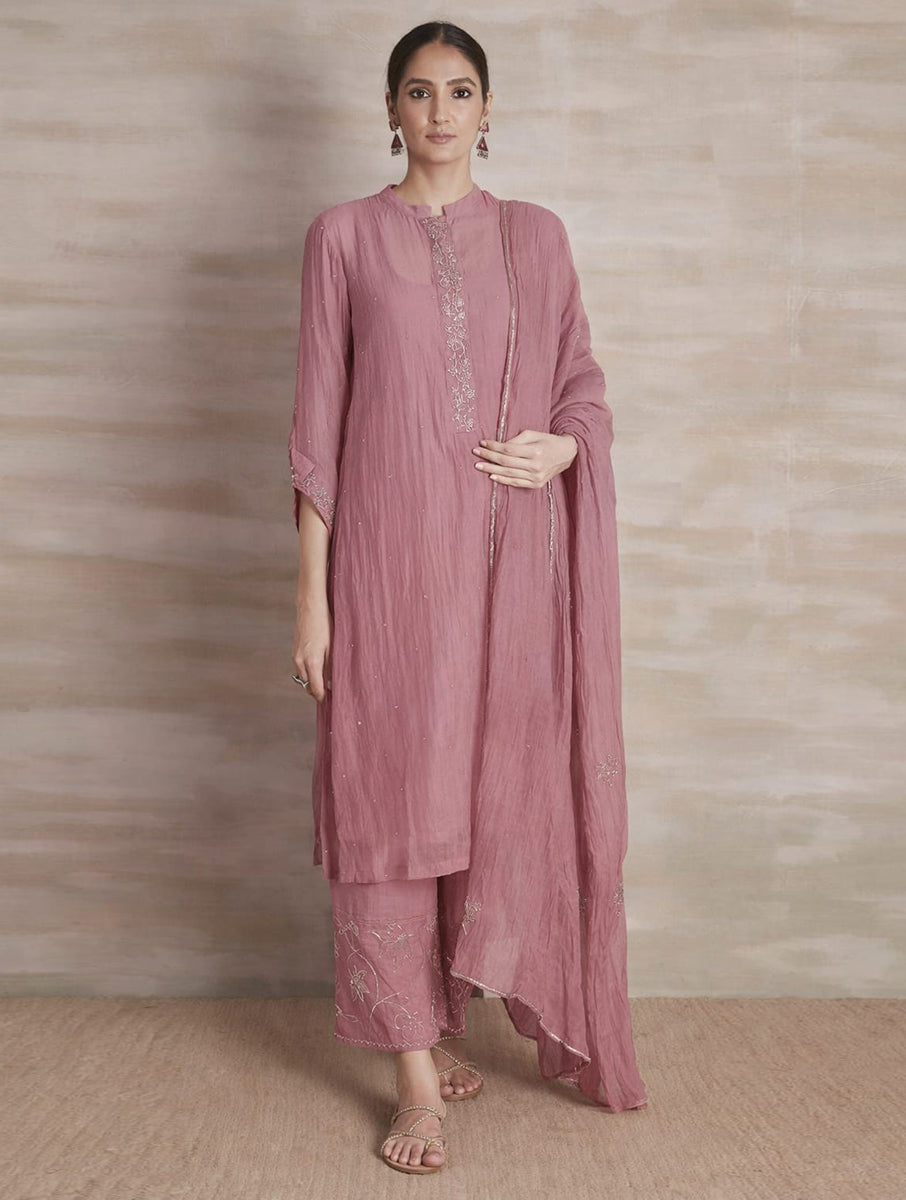 Naqsh Onion Pink Collar Kurta set of 3