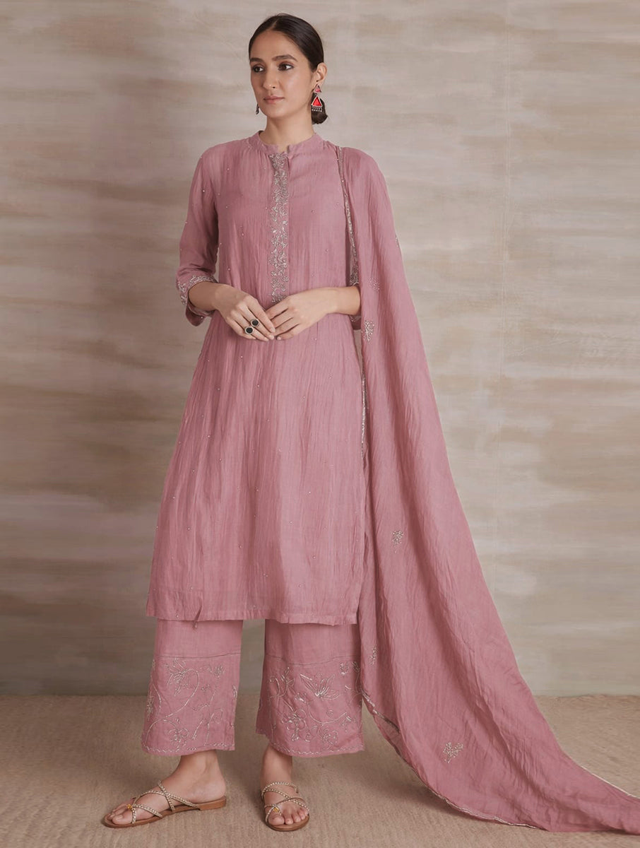 Naqsh Onion Pink Collar Kurta set of 3
