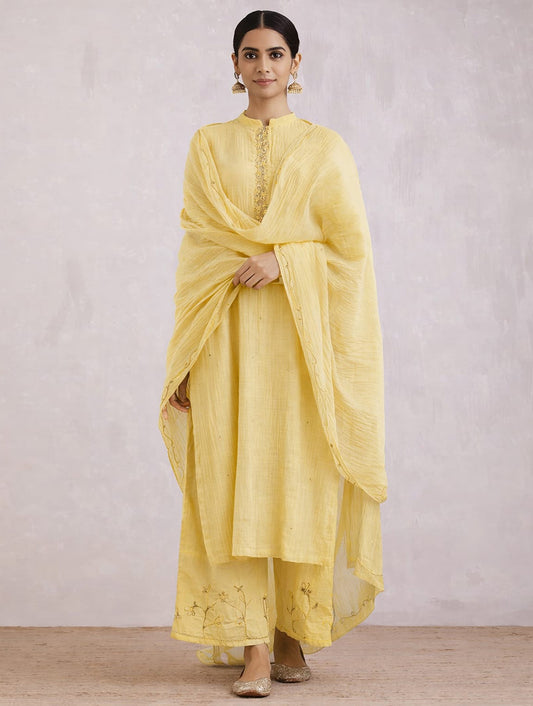 Naqsh Pastel Yellow Straight Kurta Set of 3