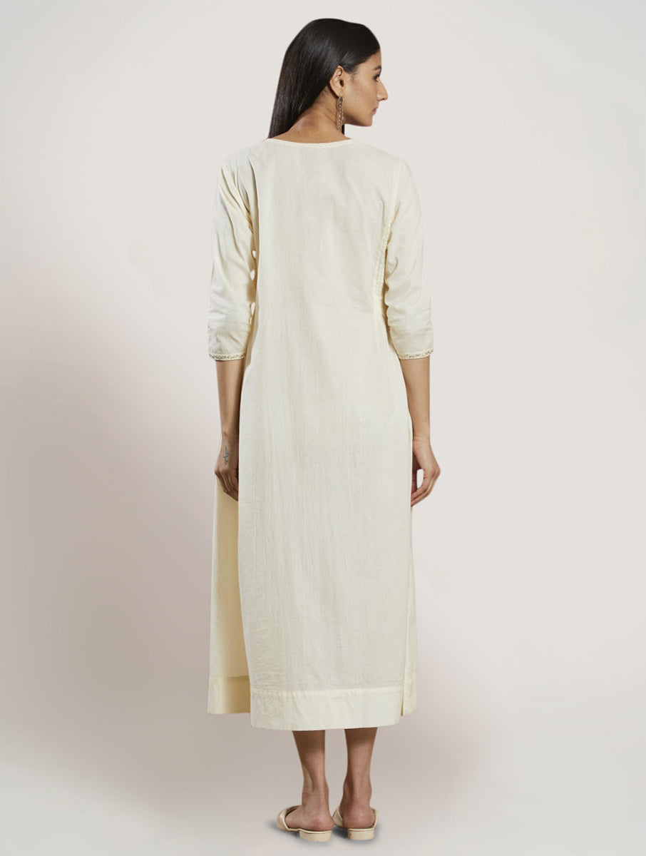 Off White Hand Embroidered Cotton Kurta