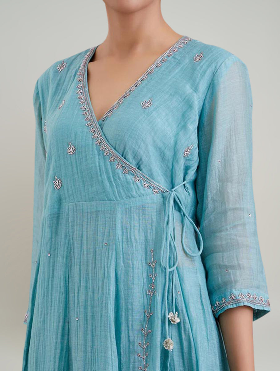 Women Blue  Cotton Silk Embroidered Tie up neck Anghrakha Kurta 