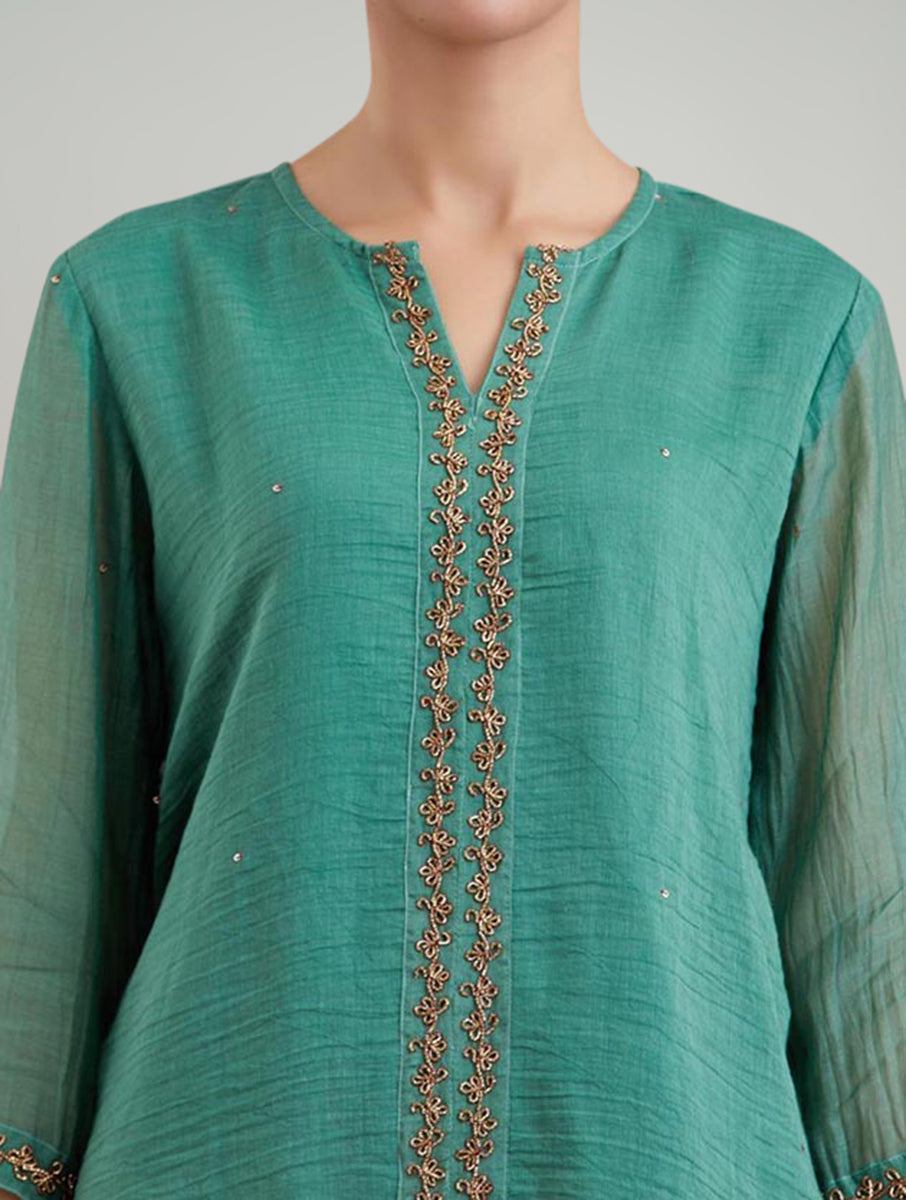 Women Green Chanderi Silk Embroidered Round Neck A Line Kurta