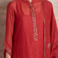 Chanderi Cotton Silk red color hand embroidered Collar kurta pajama & dupatta set