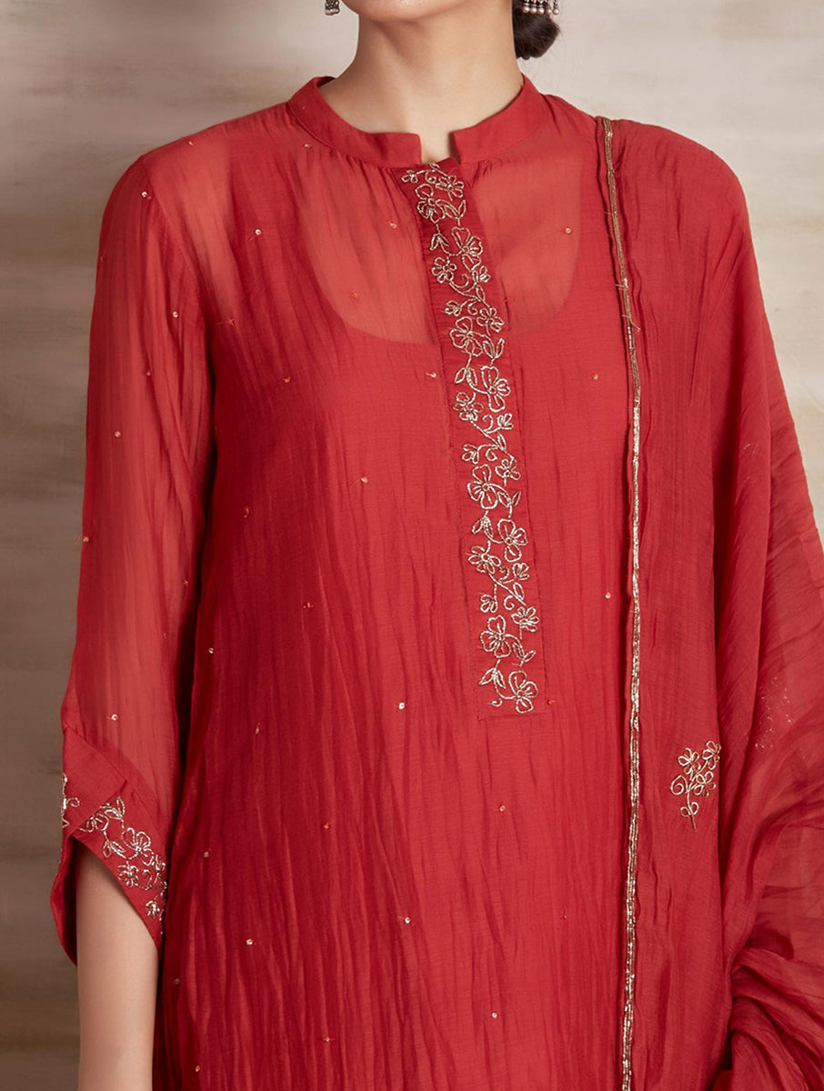 Chanderi Cotton Silk red color hand embroidered Collar kurta pajama & dupatta set